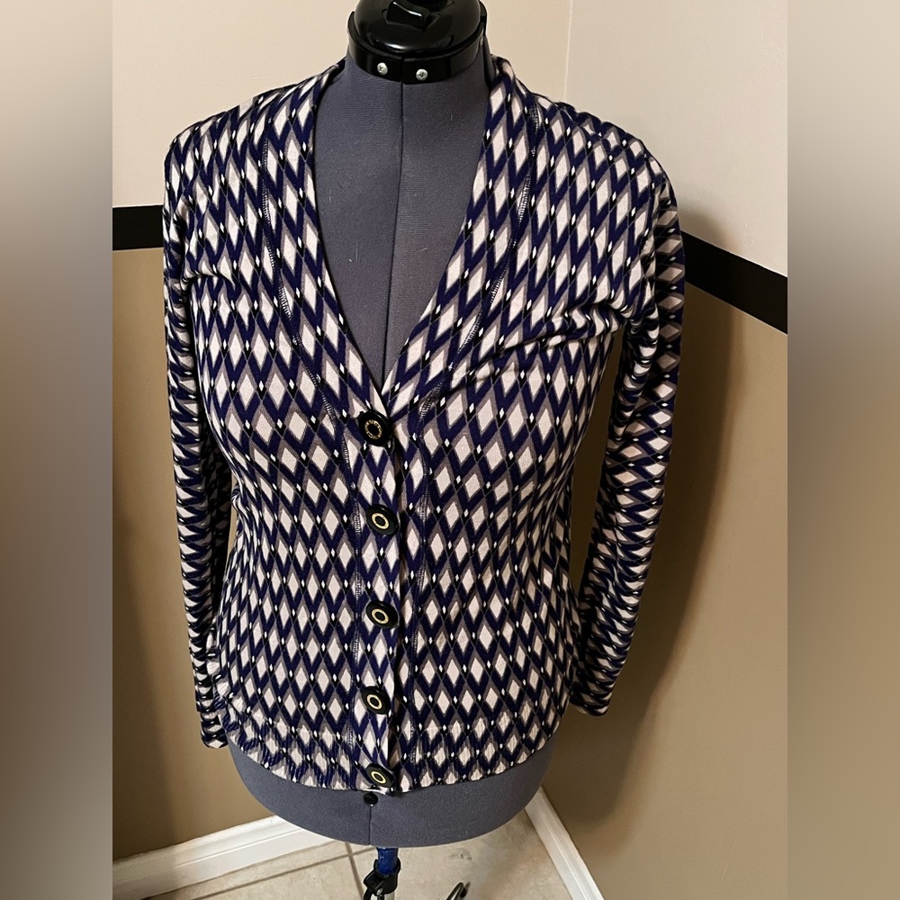 Tory Burch 100% Wool Cardigan Sweater Argyle Purple White L Academia Preppy